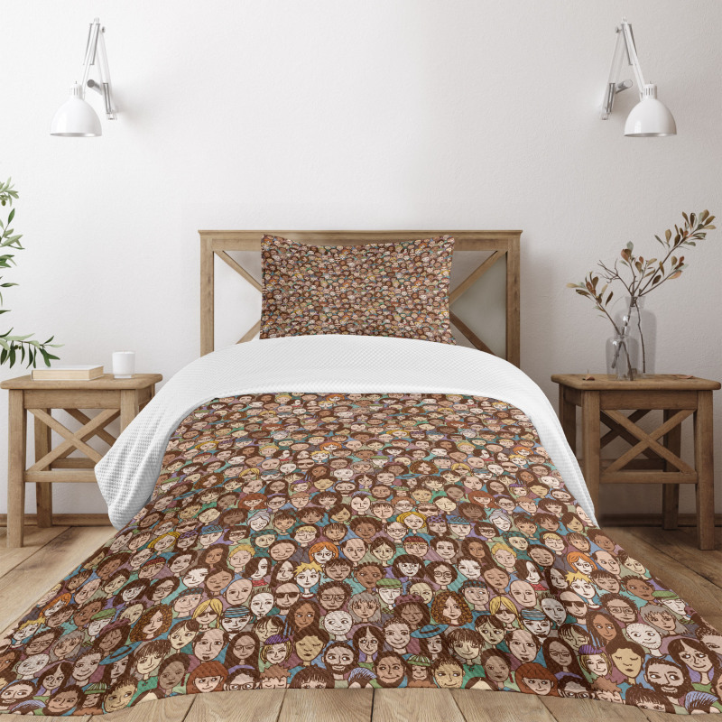 Human Faces Doodle Style Art Bedspread Set