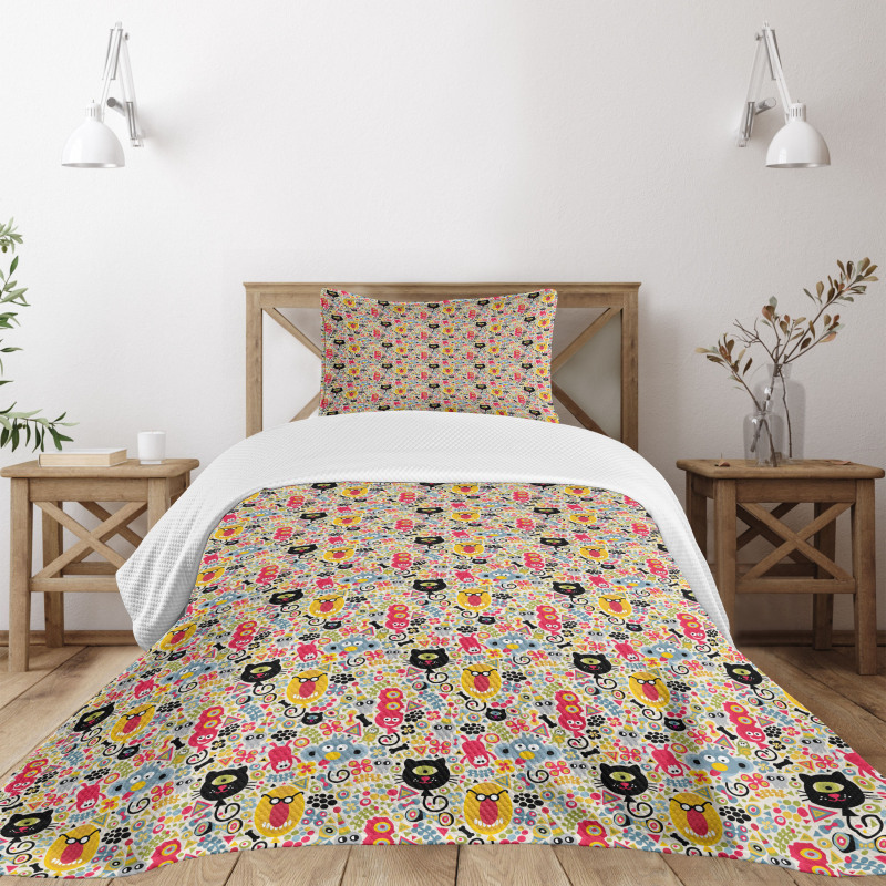 Cartoon Style Monsters Bedspread Set