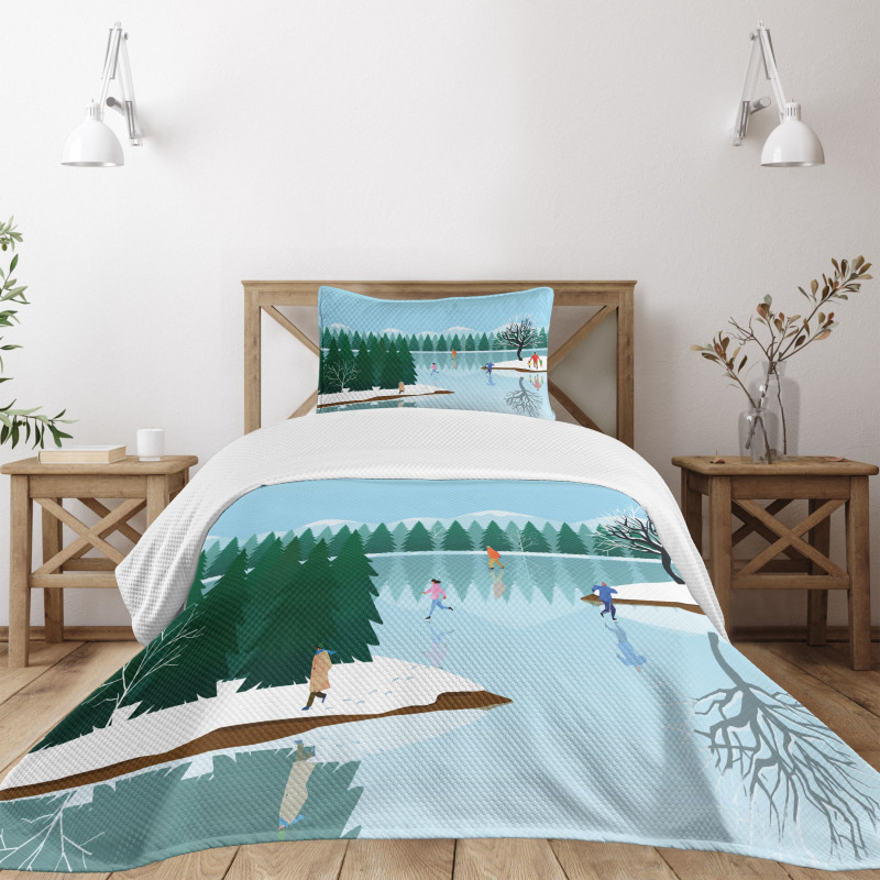 Ice Skating Frozen Lake Art Bedspread Set