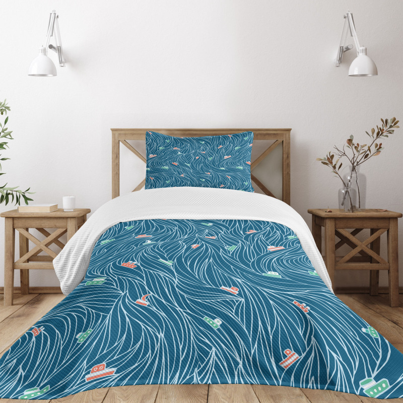 Waves and Ships Cartoon Bedspread Set