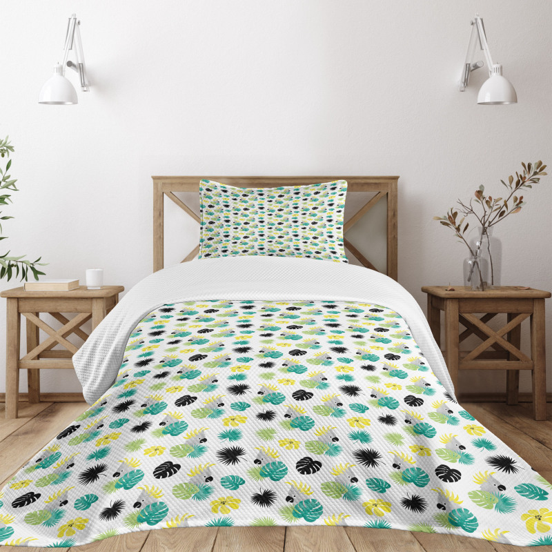 Monstera Leaves Parrots Bedspread Set