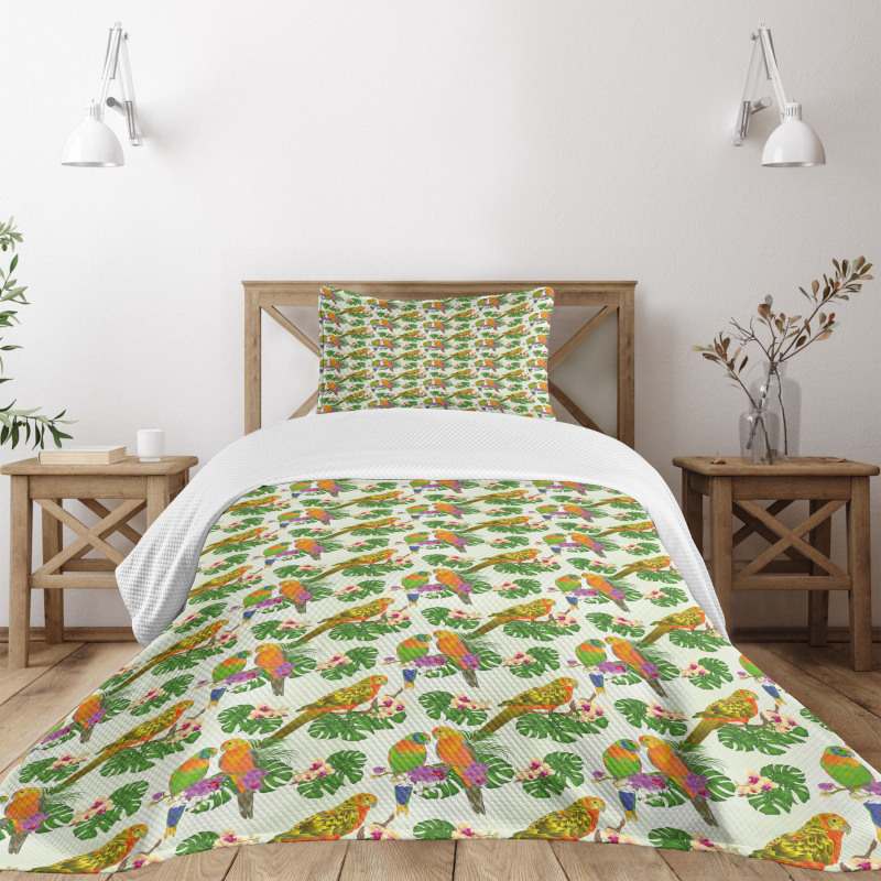 Vivid Floral Parrots Bedspread Set