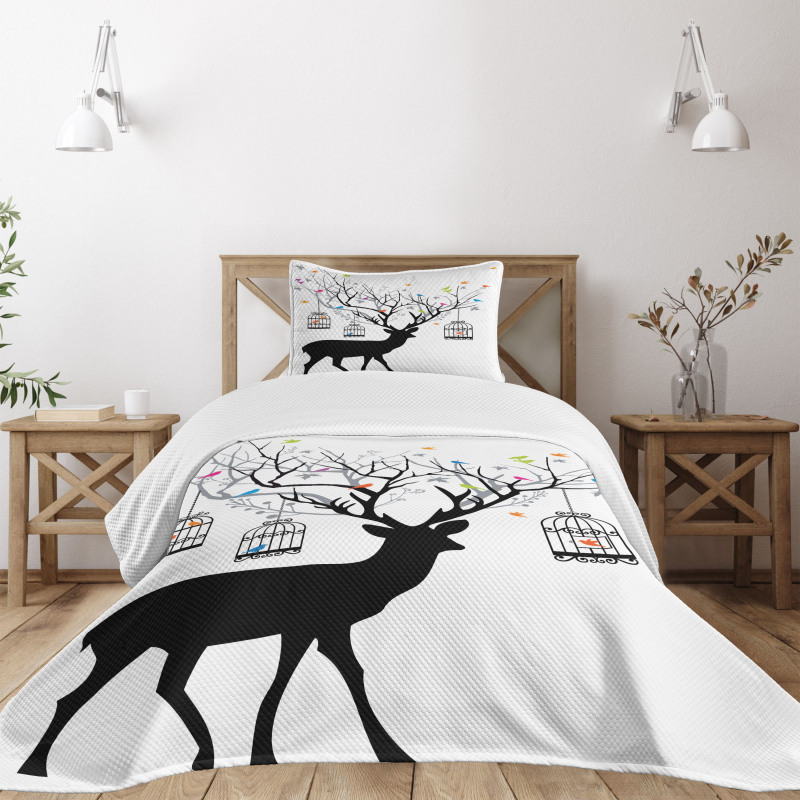 Deer Colorful Birds Bedspread Set