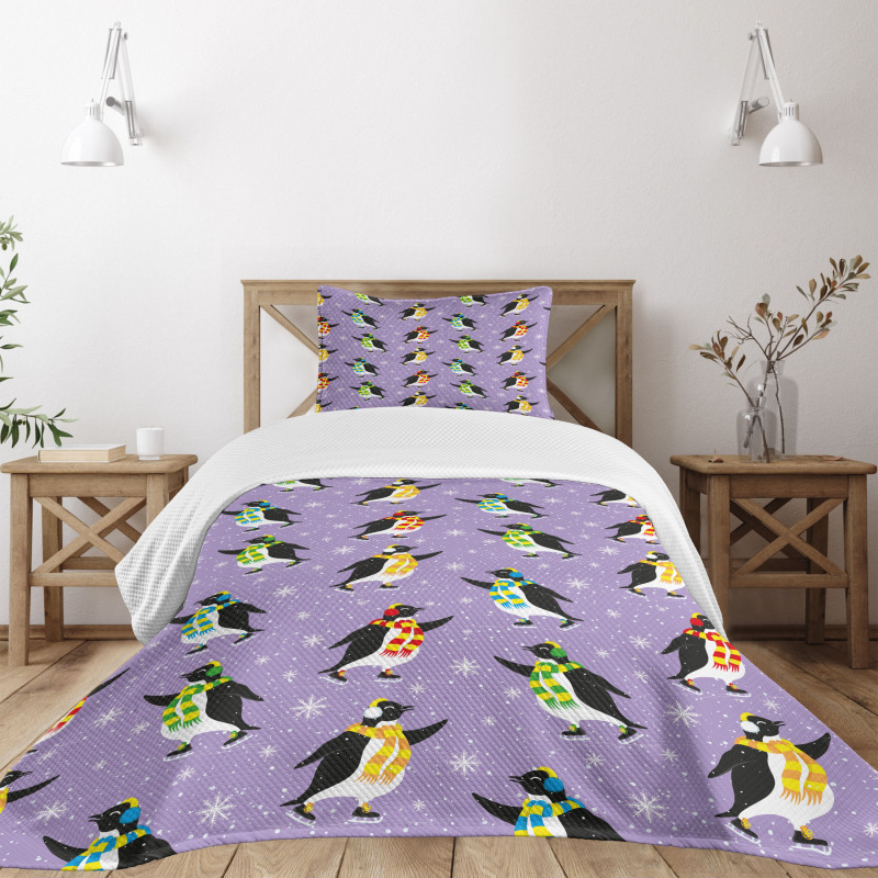 Penguins Skating Snowflakes Bedspread Set