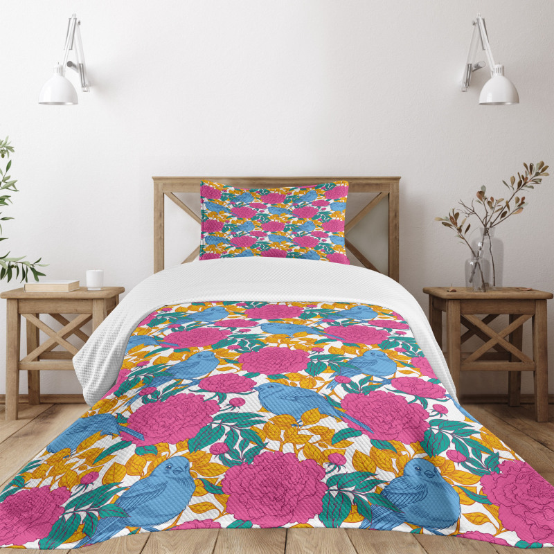 Spring Peony Blossoms Leaves Bedspread Set