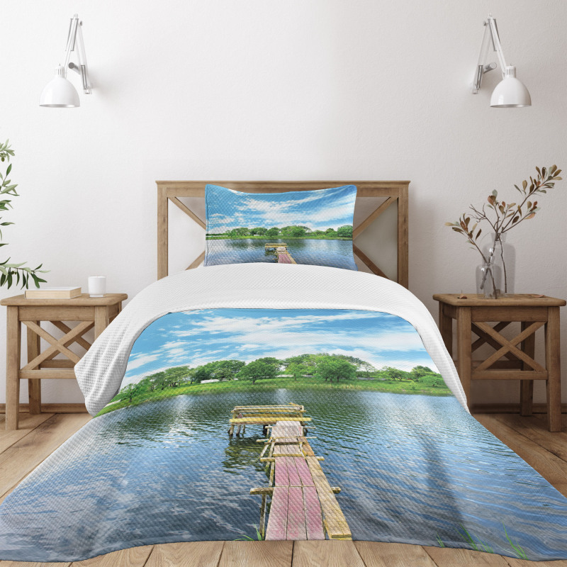 Wooden Dock over Lake Bedspread Set