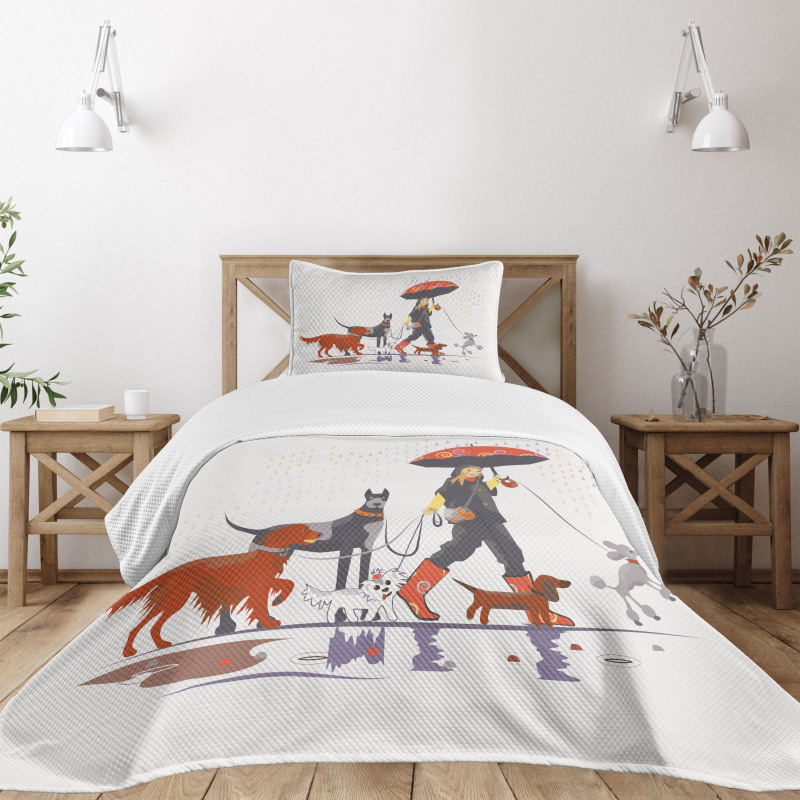 Girl with Dogs in Rain Bedspread Set