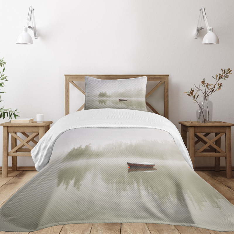 Boat on Lake Nature Bedspread Set