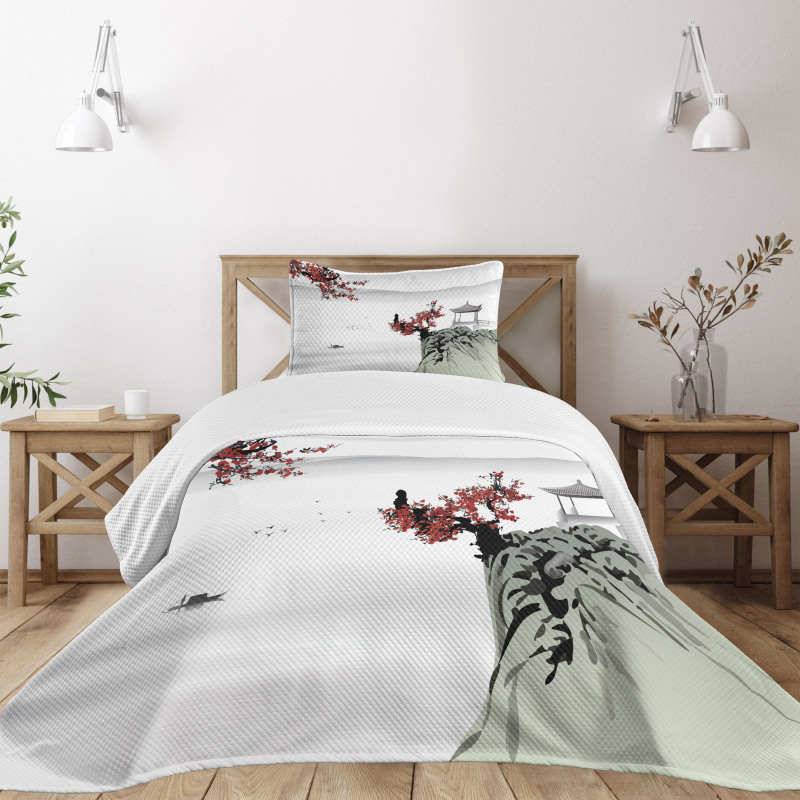 Cherry Blossoms and Boat Bedspread Set