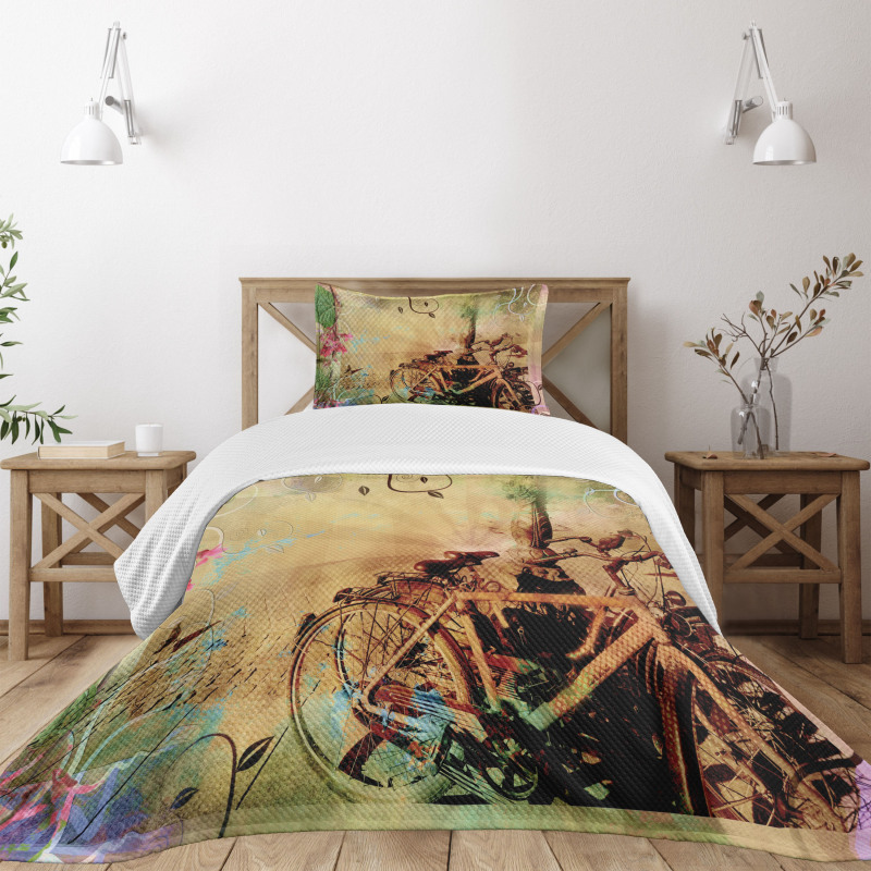 Bikes in Street Floral Bedspread Set