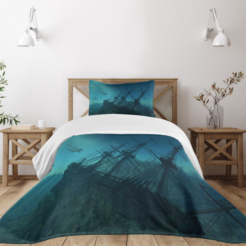 Dolphins Ship Sea Bedspread Set