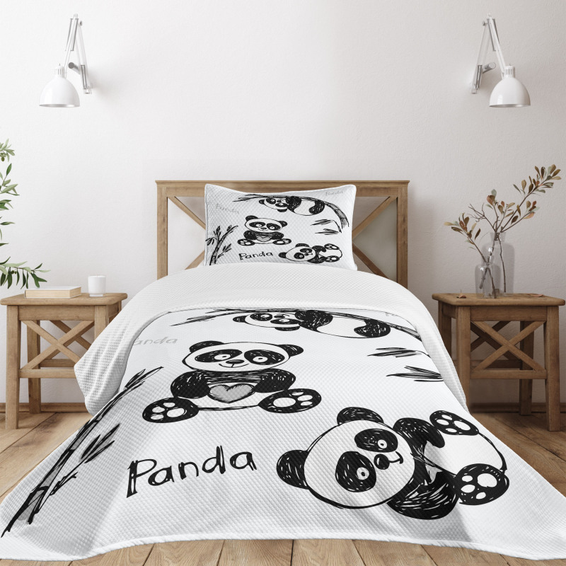 Hand Drawn Panda Poses Bedspread Set