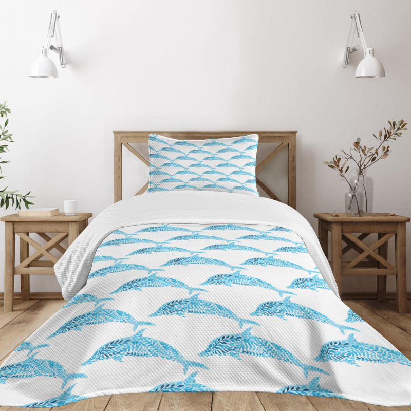 Aqua Dolphins Leaves Bedspread Set