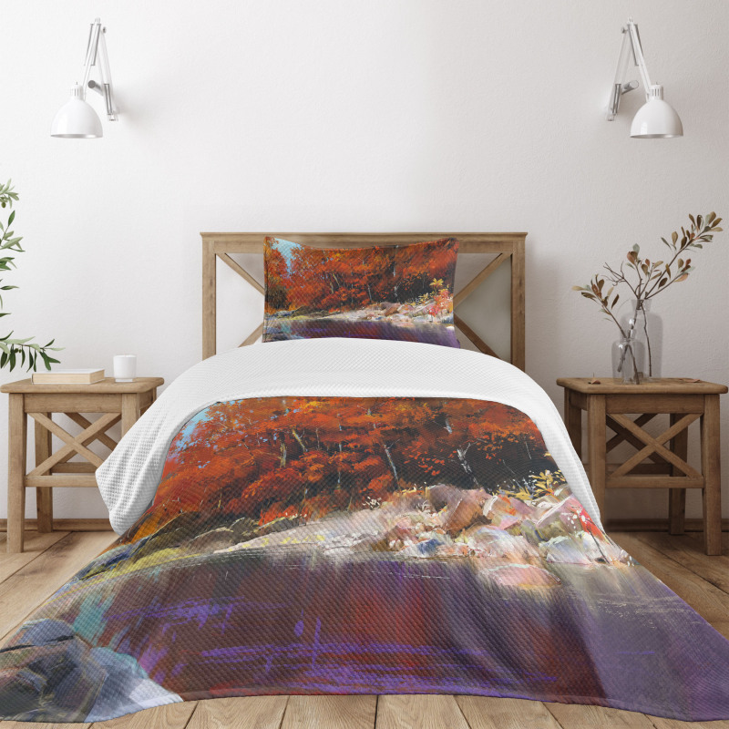 Autumn Forest with Rock Bedspread Set