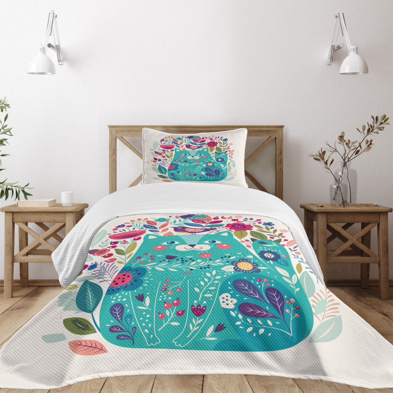 Kitty with Flower and Bird Bedspread Set