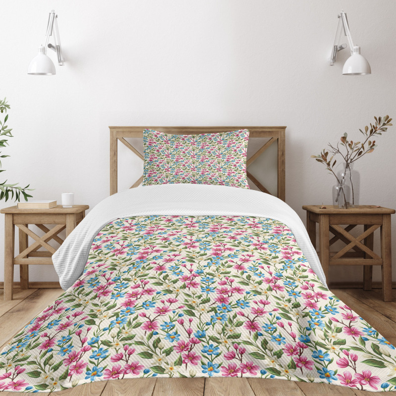 Shabby Plant Leaves Buds Bedspread Set