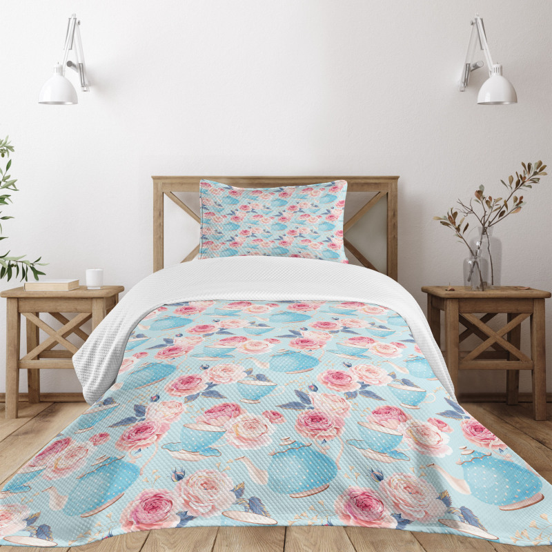 Flowers Roses Teapot Bedspread Set