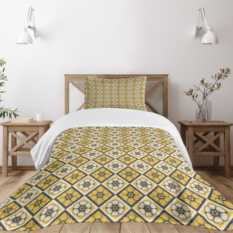 Yellow Tile Flowers Bedspread Set