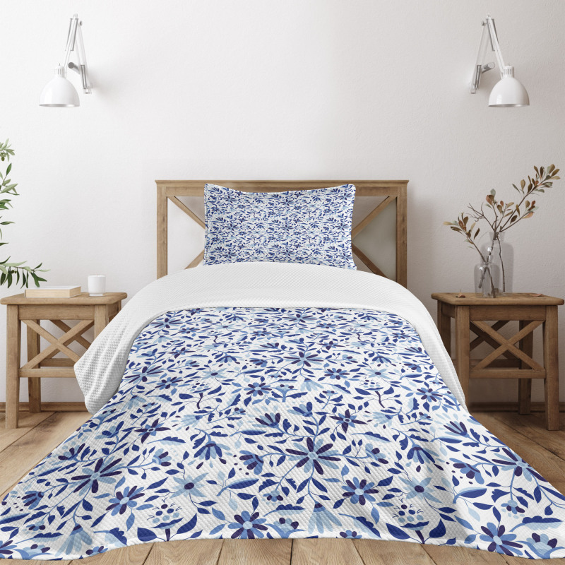 Modern Flowers Leaves Buds Bedspread Set