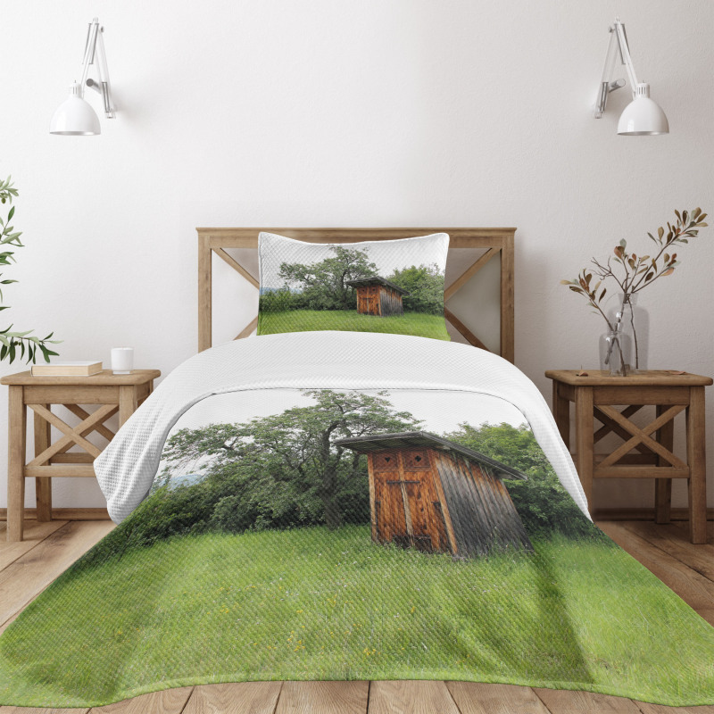 Wooden Hut in Forest Bedspread Set