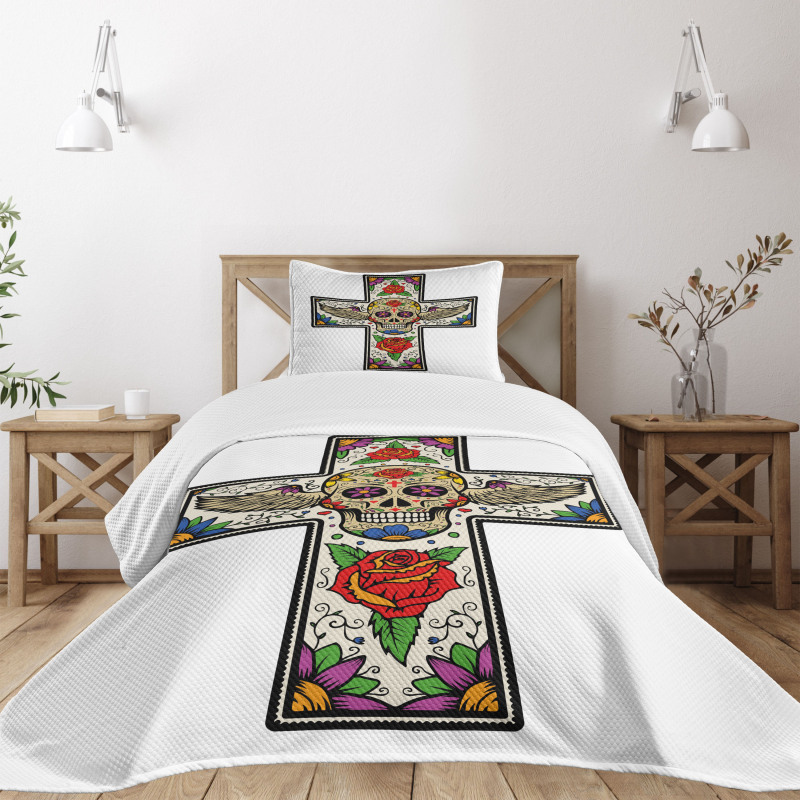 Wing Sugar Skull Roses Bedspread Set