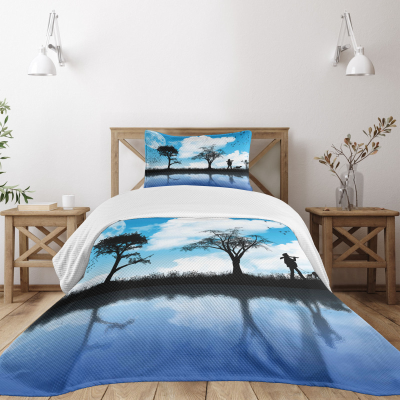 Man Dog Lake Tree Moon Bedspread Set