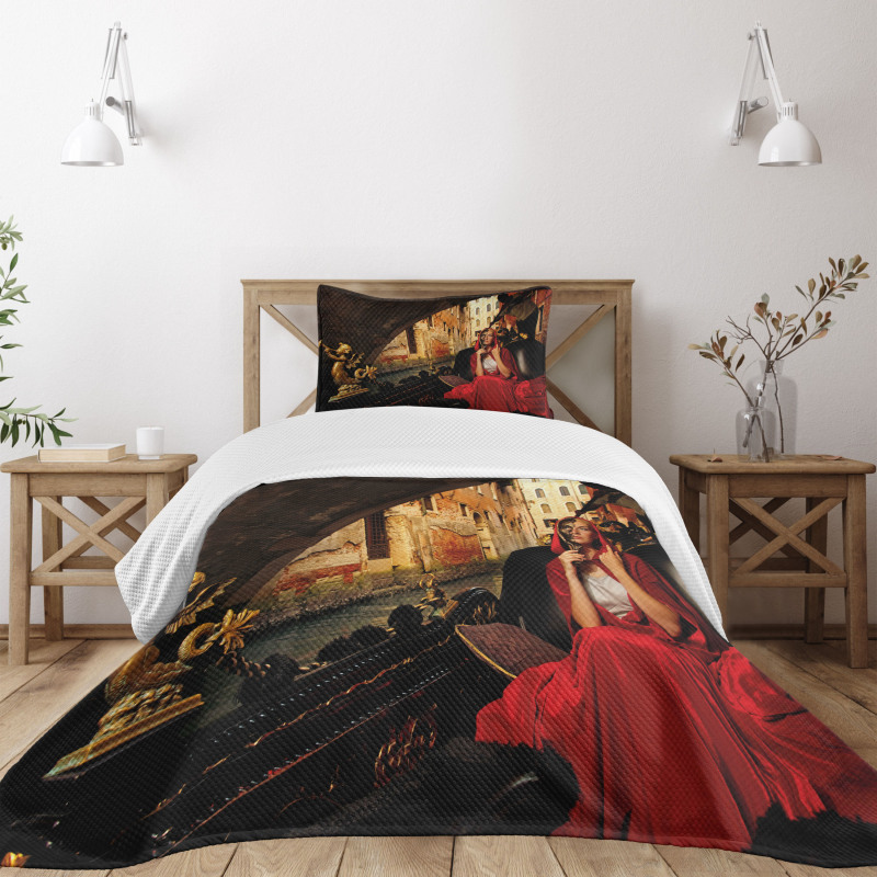 Woman in Red Cloak Mask Bedspread Set