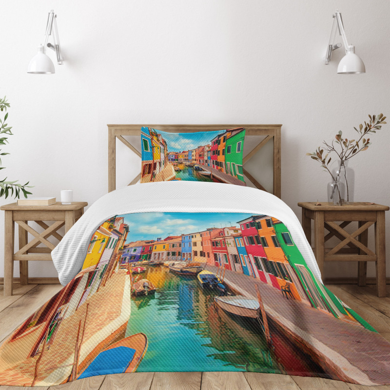 Colorful Buildings Boats Bedspread Set
