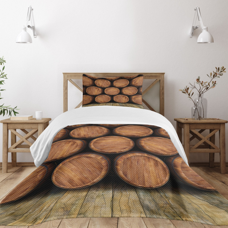 Wall of Wooden Barrels Bedspread Set