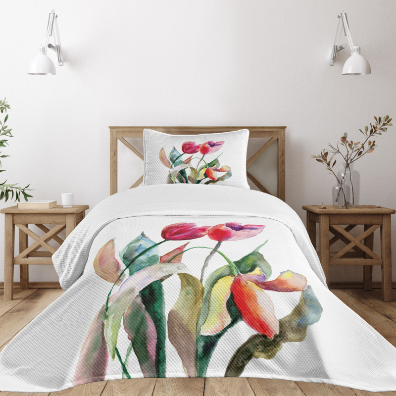 Watercolor Tulip Flowers Bedspread Set