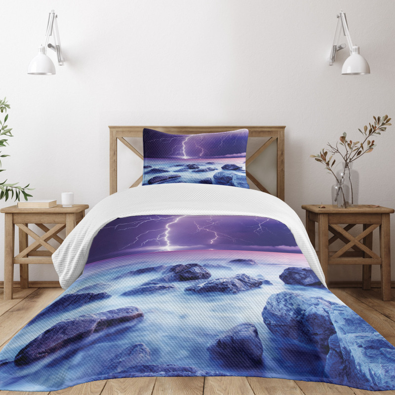 Stormy Sky Ocean Rocks Night Bedspread Set