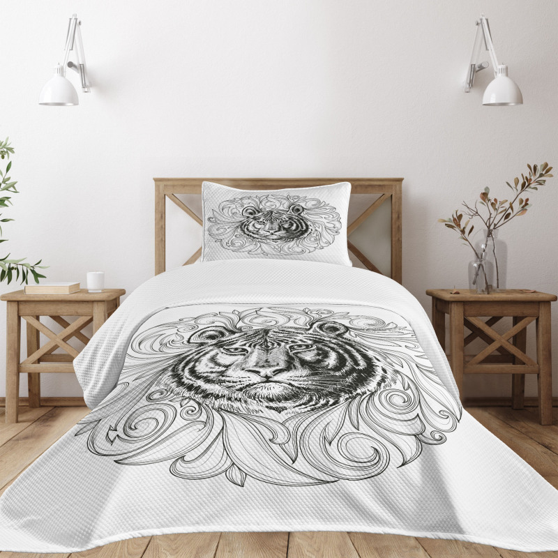 Monochrome Feline Leaves Bedspread Set