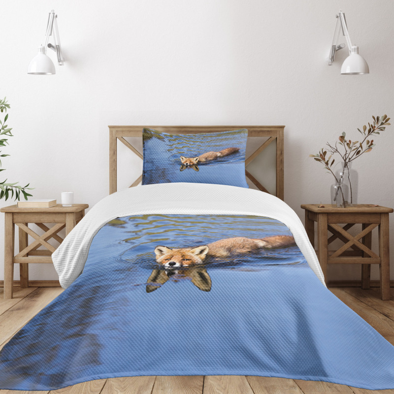 Fox Swimming in River Bedspread Set