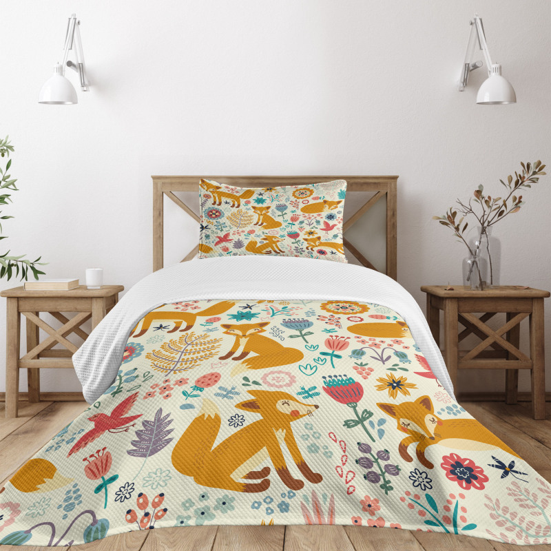 Foxes Ornate Flowers Birds Bedspread Set