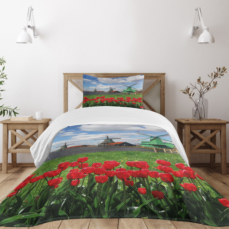 Red Color Tulips Field Bedspread Set