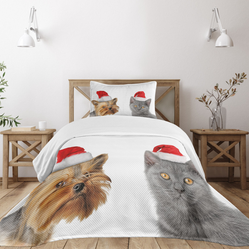 Cat Dog Xmas Hats Bedspread Set