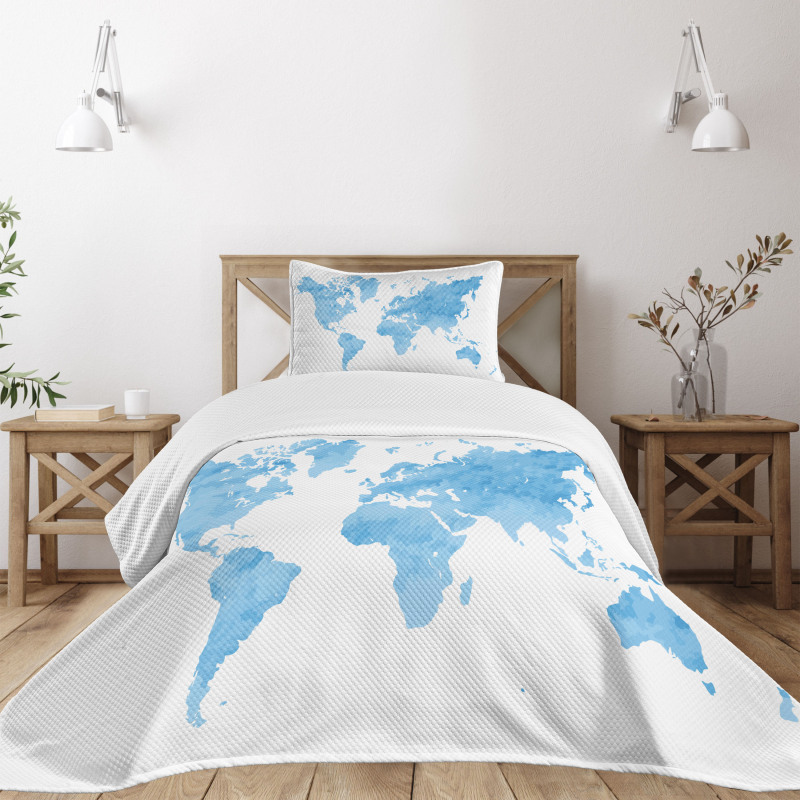 Blue Watercolor World Map Bedspread Set