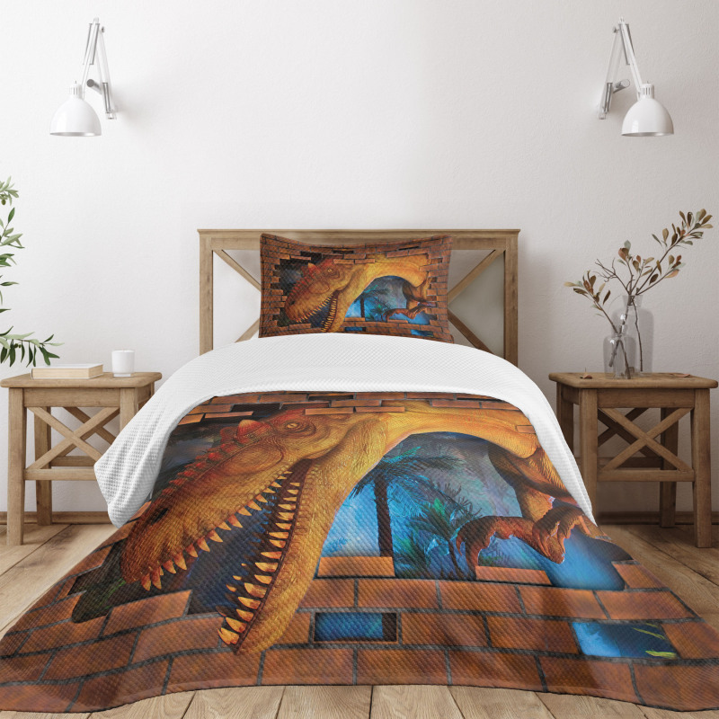 Dino Breaks Brick Wall Bedspread Set