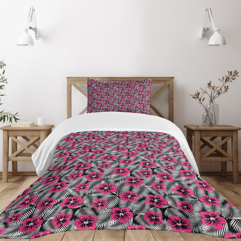 Pink Hibiscus Modern Leaf Bedspread Set