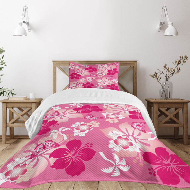 Pink Hibiscus Butterflies Bedspread Set