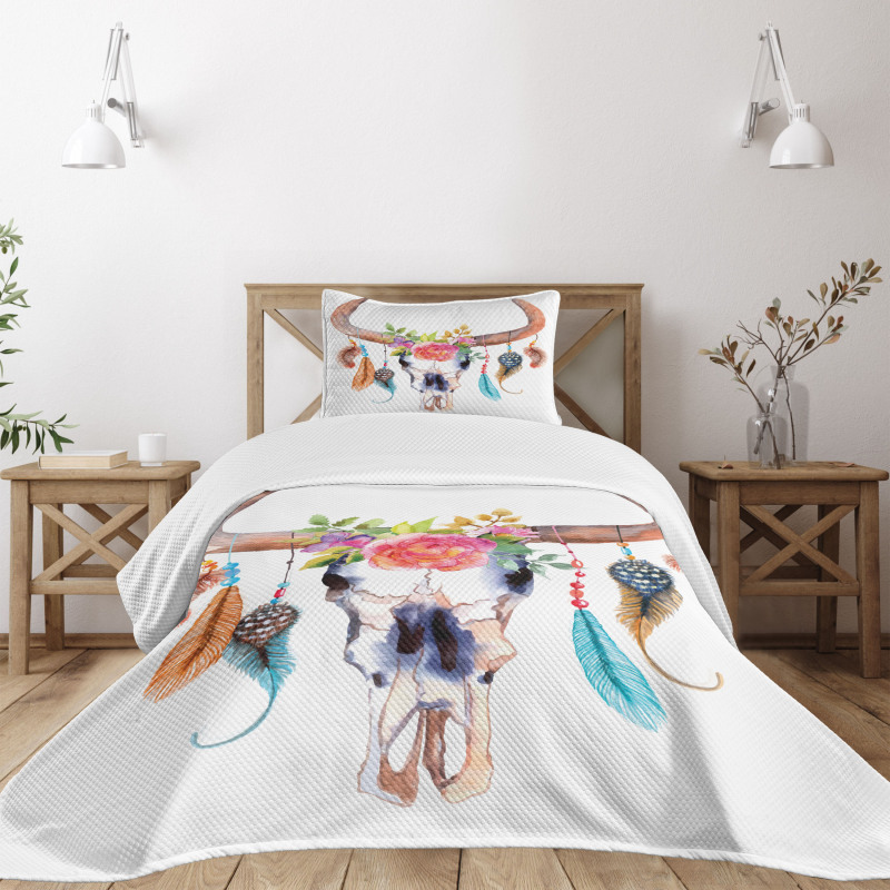 Bull Skull Boho Plant Bedspread Set