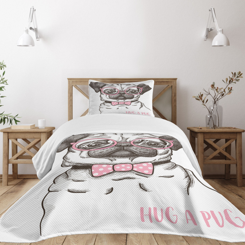 Pug with Bow Glasses Bedspread Set