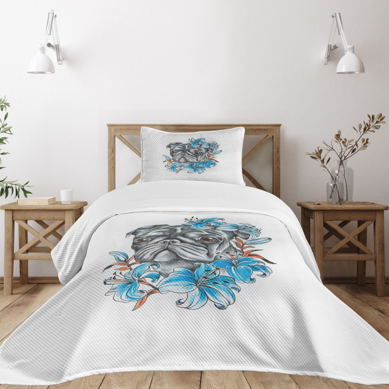 Fun Dog with Flowers Bedspread Set