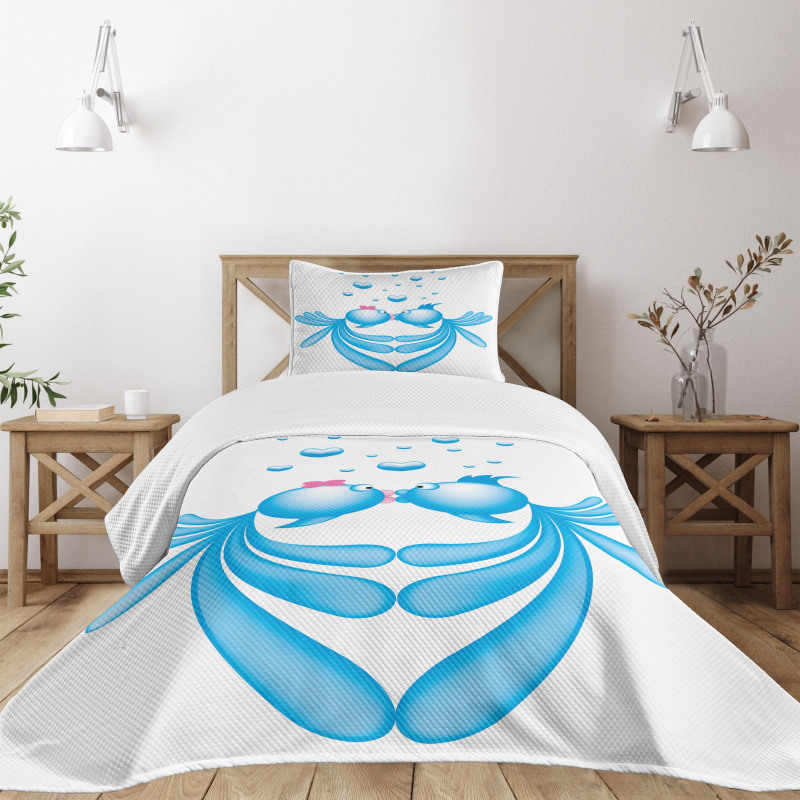 Blue Cartoon Fishes Heart Bedspread Set