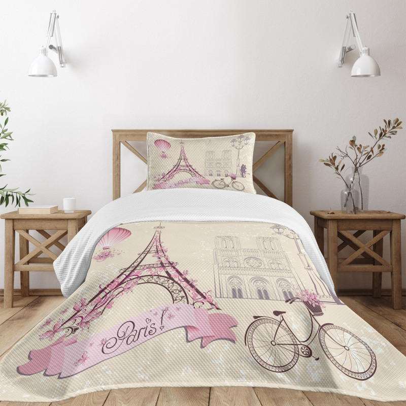 Floral Paris Eiffel Bedspread Set