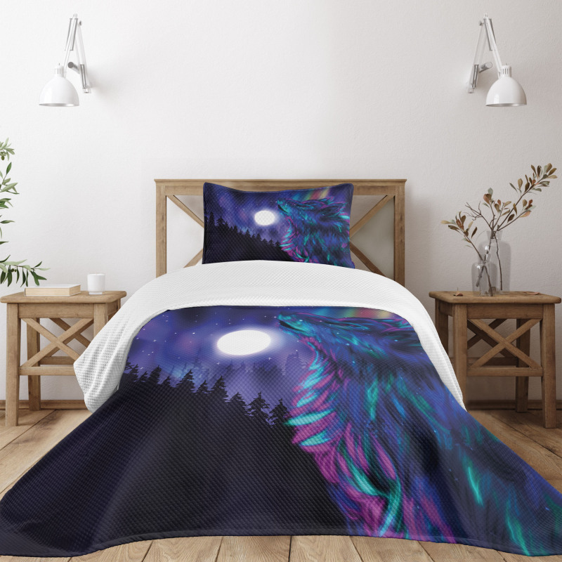 Aurora Borealis and Wolf Bedspread Set