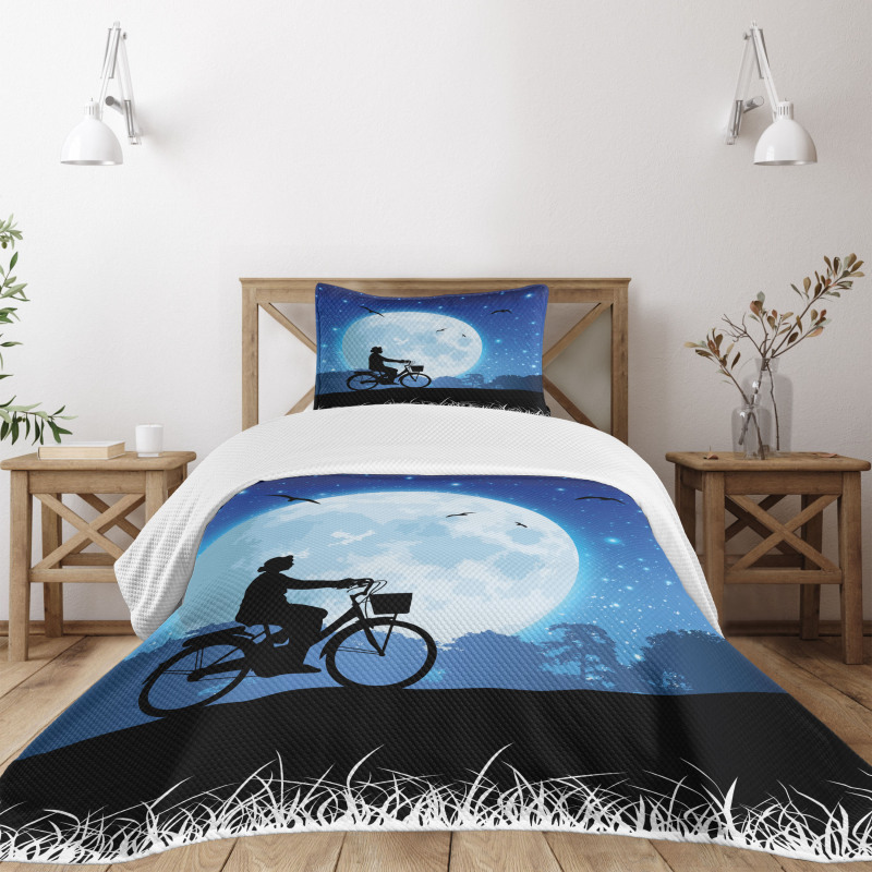 Person Rides Bicycle Night Bedspread Set