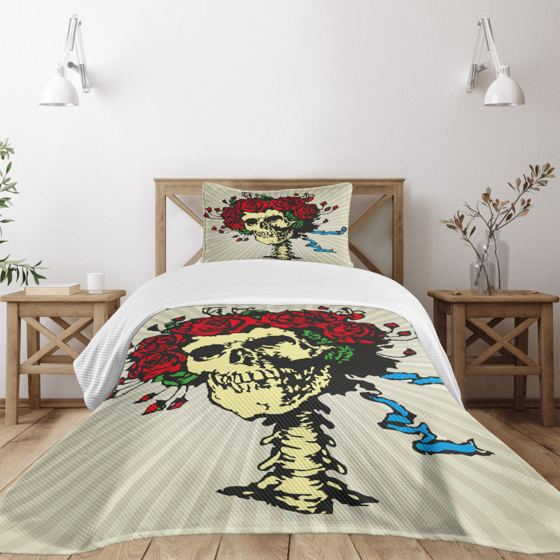 Skull in Red Flowers Crown Bedspread Set