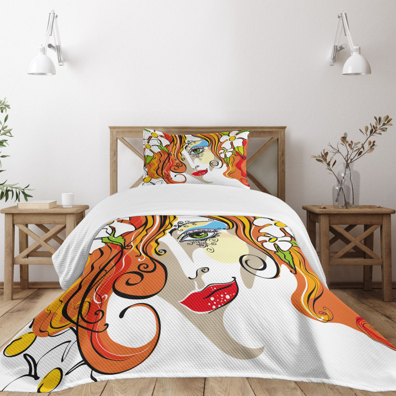 Woman Red Hair Floral Bedspread Set