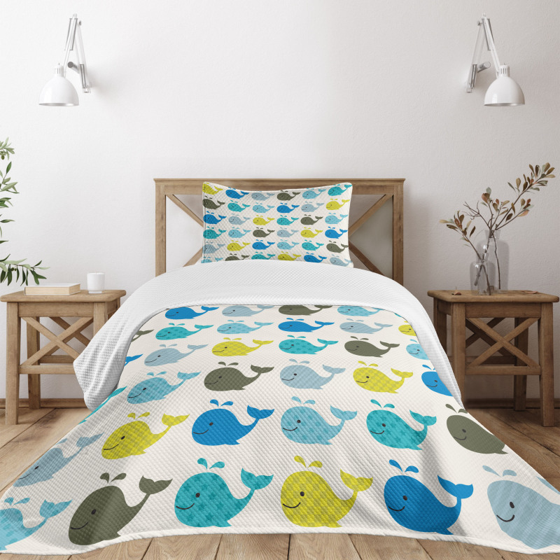 Colorful Whales Animals Bedspread Set